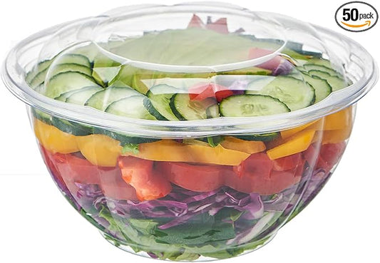 FULING [32 oz. 50 Sets Clear Plastic Salad Bowls with Airtight Lids Disposable To Go Mixing Containers Serving for Fruit, Quinoa, Lunch and Meal Prep
