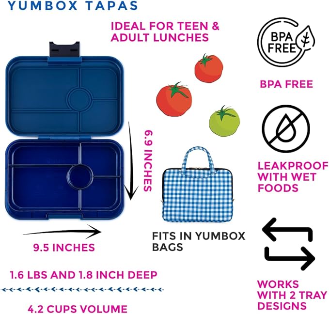 Yumbox Tapas Leakproof Bento Lunch Box - 5-Compartment Bento Container for Adults and Kids; Large, Leakproof & Easy Clean; Lunch Box Kids (Monte Carlo Blue Clear Navy Tray)
