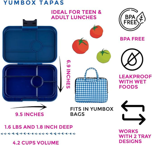 Yumbox Tapas Leakproof Bento Lunch Box - 5-Compartment Bento Container for Adults and Kids; Large, Leakproof & Easy Clean; Lunch Box Kids (Monte Carlo Blue Clear Navy Tray)