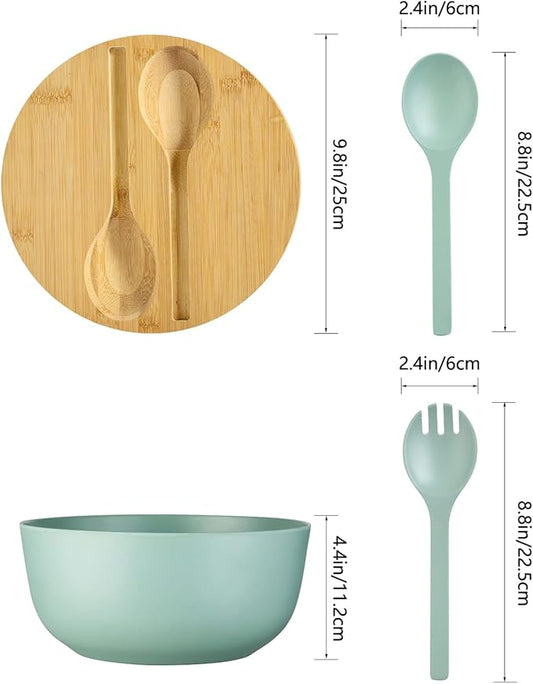 Bamboo Fiber 10 ″ Large Salad Serving Bowl Set with Wooden Lid & Servers, 3.5Qt Big Bowl with Utensils for Mixing Salad,Fruit,Pasta,Lightweight & Dishwasher Safe,, Ideal Gift for Home - Teal Color