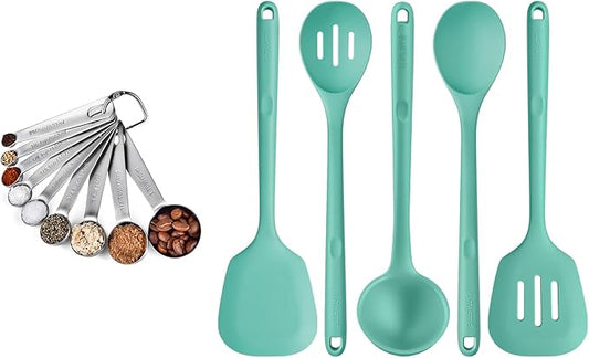 18/8 Stainless Steel Measuring Spoons Set for Dry and Liquid Ingredients (Set of 9), and 600℉ Heat Proof BPA-Free Solid/Slotted Sturdy Cooking Utensil Set of 5 for Non Stick Cookware, Aqua Sky