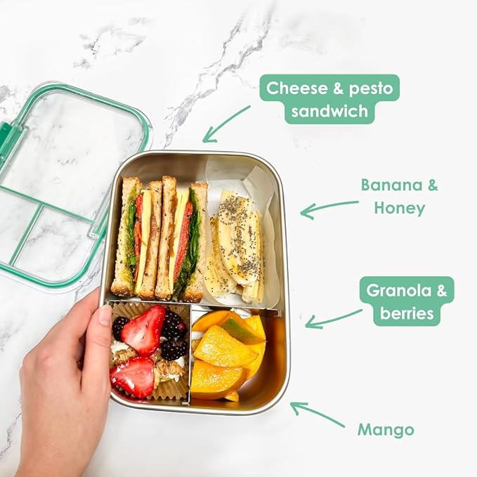 Eco-friendly Bento 7-Piece Lunch Kit - Blush color - Box with 3 compartments, Snack Box, 16.9 fl oz Bottle, 3 piece travel cutlery set. (Green)
