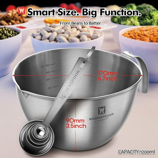 Mixing Bowl 1200ml/40.6oz & Measuring Spoon Set: Stainless Steel Measuring Bowls with Pour Spout & Handle/Multi-purpose Metal Bowl, Meal Prep, Baking Prep Kit Set (1200ml/40.6oz)