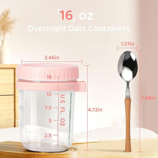 16oz - 2 Pack Overnight Oats Jars with Lids and Spoon, Overnight Oats Container with Lids, Airtigh Oatmeal Containers with Measurement Marks, Wide Mouth Mason Jars for Salad, Cereal - Pink & White