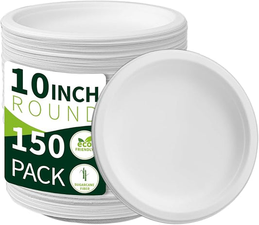 150 Pieces 10" White Compostable Sugarcane Fiber Plates - Heavy Duty, Microwave & Freezer Safe, BPA Free, Biodegradable - Perfect for Daily Meals, Parties, Weddings