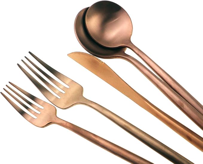 Matte Rose Gold Silverware Set,Gugrida 5-Piece 18/10 Stainless Steel Satin Finish Flatware Set,Kitchen Utensil Set,Tableware Travel Cutlery Set for Camping Office or School Lunch, Dishwasher Safe