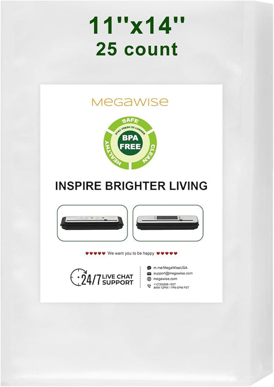 MEGAWISE Vacuum Sealer Bags (11''x 14''-25pcs) for Food Freshness Preservation, BPA Free Vacuum Storage Bags for Food or Sous Vide, Seal a Meal,Double-Sided Texture, Double Lock Freshness (25 count)