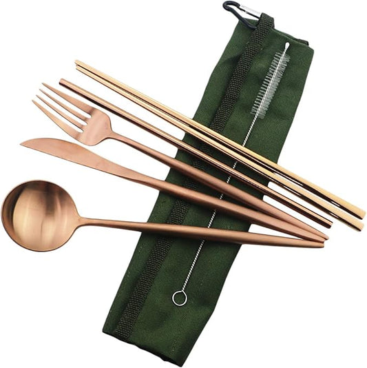 Reusable Travel Utensils, 7 Piece Portable 304 Stainless Steel including Knife Fork Spoon Chopsticks Cleaning Brush Straws Portable Pouch, Eco-friendly Camping Silverware Set, Dishwasher Safe