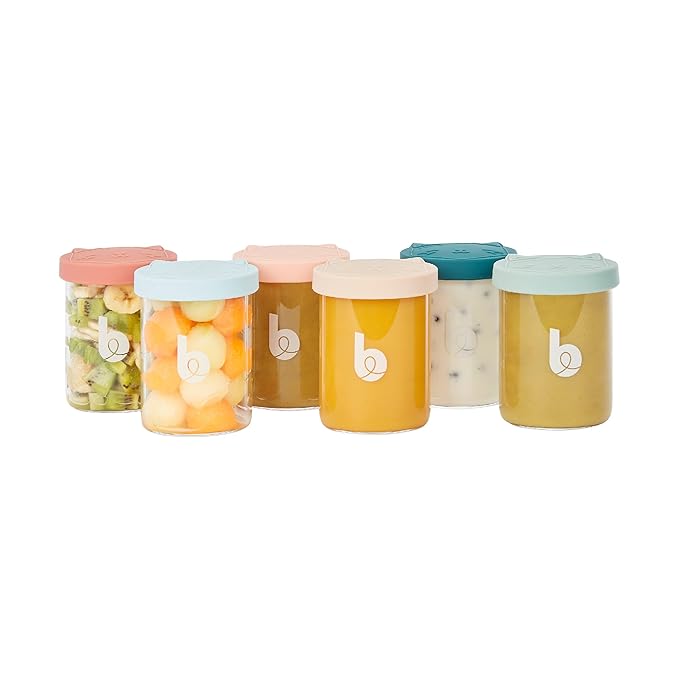 Babymoov Baby Glass Food Jars Set of 6 (8.5oz Each) BPA-Free Borosilicate Glass Storage Containers Leakproof Silicone Lids Microwave, Freezer & Dishwasher Safe Baby Registry Essential
