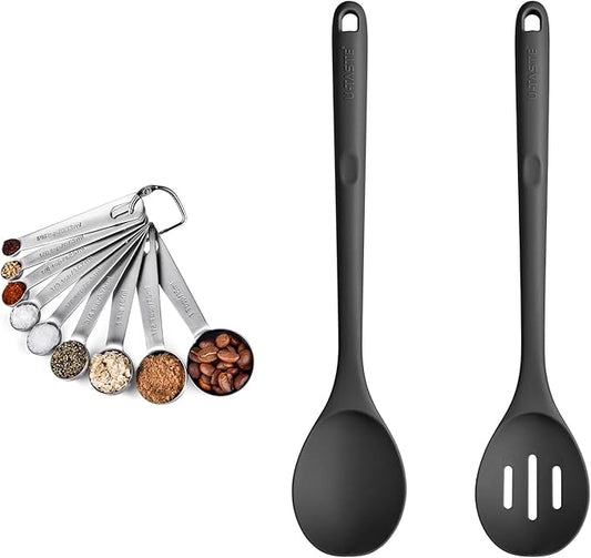 18/8 Stainless Steel Measuring Spoons Set for Dry and Liquid Ingredients (Set of 9), and 600℉ Heat Proof Long Non-Scratch Silicone Solid & Slotted Set of 2 Cooking Spoon for Mixing (Black)
