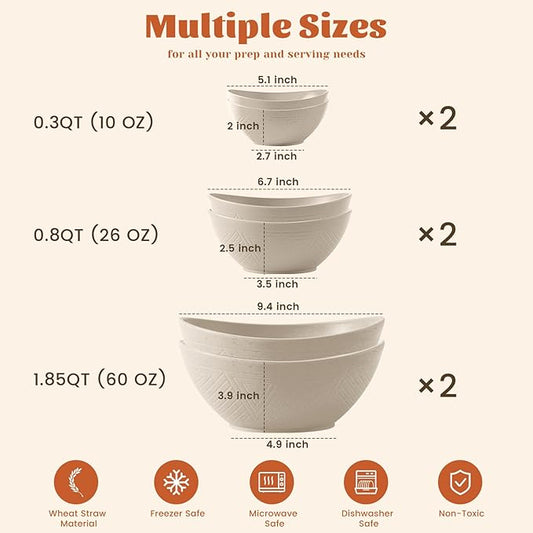Homienly Wheat Straw Mixing Bowls, Bowls for Kitchen Set of 6, Premium Wheat Straw Mixing Bowls Set Includes 3 Size, Unbreakable Mulit Size Bowls for Salad,Serving,Cereal,Dinner,Fruit,Dessert (Beige)