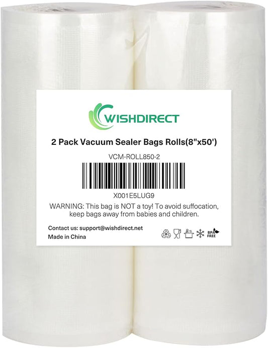 Vacuum Sealer Bags Rolls (2-Pack), 8” X 50’ Heavy Duty Commercial Grade Embossed Bags for Food Preservation Freezer Sous Vide Cooking(Total 100 Feet)