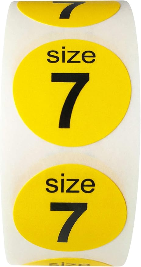 Shoe Size 7 Yellow Stickers for Retail Clothing – 3/4 Inch Round, 500 Semi-Gloss Adhesive Labels Per Roll for Footwear Inventory, Organization, and Display – Made in The USA