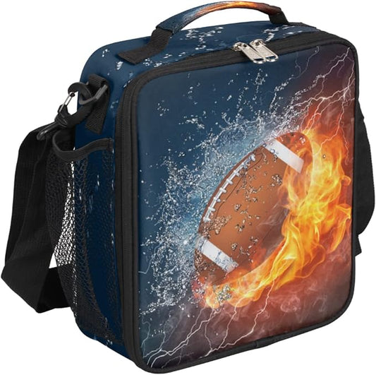 American Football Kids Lunch Box Flame Football Insulated Lunch Bag for Boys Girls Reusable Food Container Tote Cooler Warm Pouch for School work Office Beach