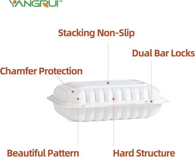YANGRUI Clamshell Food Containers, Reusable Shrink Wrap 50 Pack 9 x 6 Inch 28 OZ Plastic Hinged To Go Container Microwave Freezer Safe BPA Free MFPP Take Out Boxes