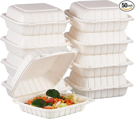 8X8 1Compartment 50Pack Plastic Clamshell Take Out Food Containers, Heavy Duty To-go Disposable Lunch Box Restaurant Meal Prep Packaging Catering Hinged Container (Formerly FULING)