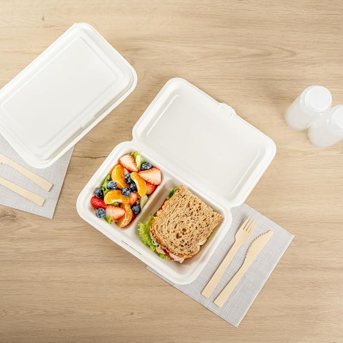 Restaurantware Pulp Safe No PFAS Added 34 Ounce Clamshell Boxes 100 Disposable Containers - Home Compostable 2 Compartments White Bagasse Containers Microwavable And Freezable Hinged Lid