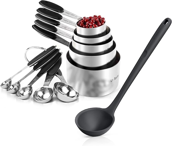U-Taste 10 Piece Measuring Cups and Spoons Set in 18/8 Stainless Steel, and 600ºF Heat Resistant 13 inch Large Non-Stick Silicone Soup Ladle (Black)