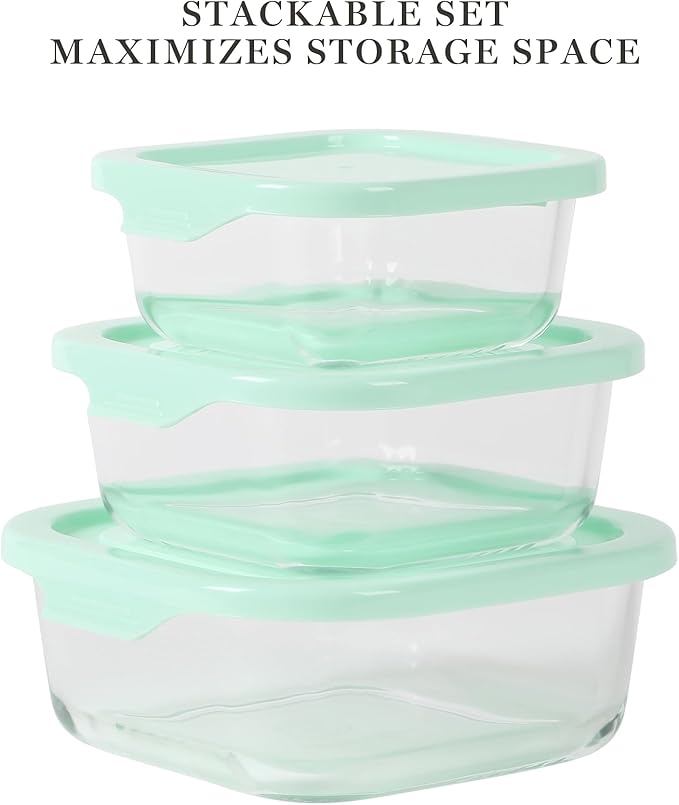 Martha Stewart Hadsell 6 Piece 27 oz, 17.6 oz, 10.8 oz Borosilicate Glass Square Storage Container Set w/PP Pop Martha Blue Lids