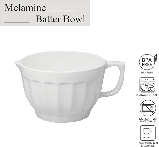 UPware Latte Style Melamine Batter Bowl with Pour Spout, Handle and Non-Slip Base, Grip Handle for Easy Mix and Pour, Home Essentials Cooking and Baking Tools, 4.3 quart, 11.5 x 8.75 Inch, White