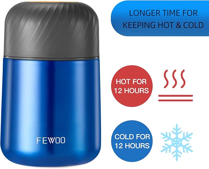 FEWOO Food Jar - 20oz Vacuum Insulated Soup Container, Stainless Steel Lunch Box for Kids Adult, with Folding Spoon for Hot or Cold Food (Bright Blue)