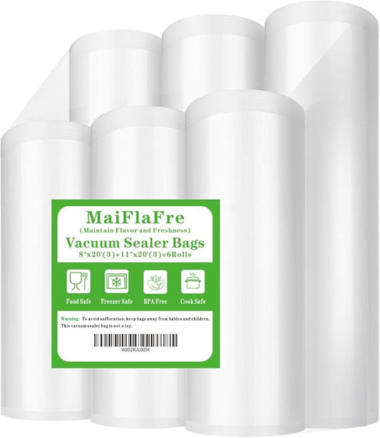 6 Pack 8"x20'(3Rolls) and11"x20' (3Rolls) Vacuum Sealer Bags Rolls with BPA Free, Heavy Duty.Vacuum Sealer Bags Rolls Compatible with Any Types Vacuum Sealer