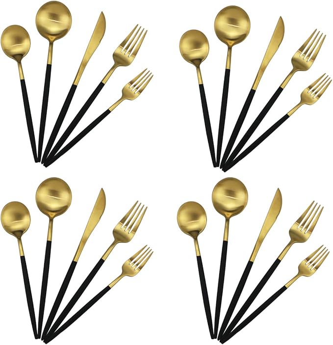 20-Piece 18/10 Stainless Steel Flatware Silverware, Luxury Dinnerware Set Travel Cutlery Tableware Include Knife Fork Spoon Service for 4, Dishwasher Safe (Black Handle Matte Gold)