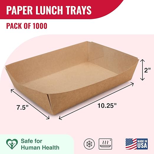 IDL Packaging 10.25" x 7.5" x 2" Kraft Paper Lunch Trays (Pack of 1000) - Food-Safe Poly Coated for Extra Moisture Resistance - Proudly Made in USA - Serving Tray for Fries, Burgers