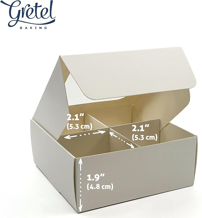 Treat boxes with window and dividers | 4 SMALL compartments | 4.5 x 4.5 x 1.9 in | Chocolate covered strawberries supplies, macaron boxes, baked goods packaging | 20-pack (White)