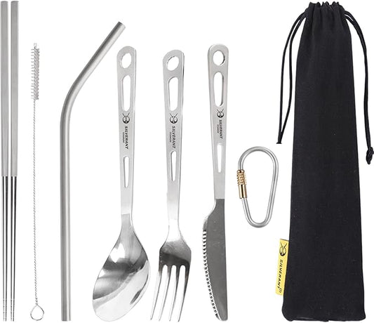 Titanium Camping Flatware, Titanium Spork Spoon Chopsticks Knife Straw Cutlery Set PortableTableware for Lunch Box Outdoor & Hiking, Comes with Drawstring Bag & Carabiner- Polished