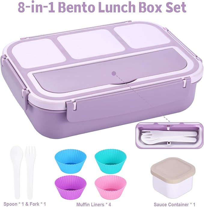 Bento Box Adult Lunch Box, Lunch Containers for Kids Girls Boys with 4 Compartments, Lunchable Food Container with Utensils, Sauce Jar, Muffin Liners, 40 Oz/5 Cup, Microwave Safe, Lavender