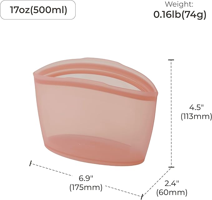 Platinum Silicone Food Grade Reusable Storage Bag, 2.1Cup Leak-Proof Airtight Seal, BPA-Free, Microwave, Freezer & Dishwasher Safe, Heat Resistant Sous Vide,Silicone Snack Bags, Dry Rose