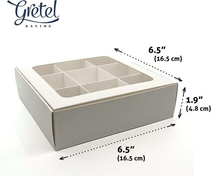 Treat boxes with window and dividers | 9 SMALL compartments | 6.5 x 6.5x 1.9 in | Chocolate covered strawberries supplies, macaron boxes, baked goods packaging | 10-pack (White)