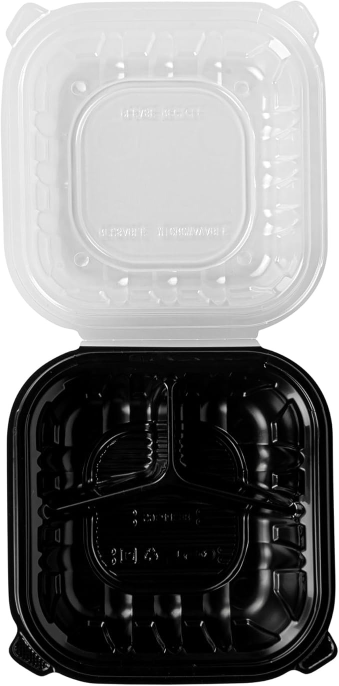 Restaurantware Thermo Tek 34 Ounce Clamshell Containers, 100 Disposable Take Out Boxes - 3 Compartments, Ventilated Lids, Black Plastic Meal Prep Containers, Microwavable, For Pasta Or Salads