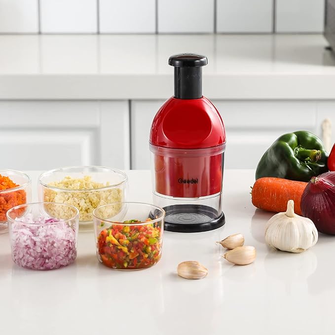 Geedel Food Chopper, Easy to Clean Manual Hand Vegetable Chopper Dicer, Dishwasher Safe Slap Onion Chopper for Veggies Onions Garlic Nuts Salads Red