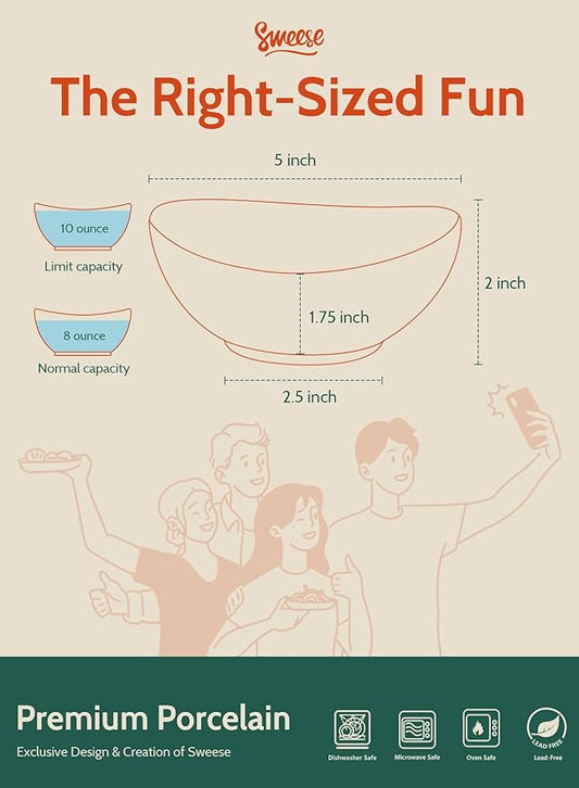 Sweese 5 Inch Porcelain Small 10 oz Bowls Set of 6, for Dessert | Ice cream | Soup | Rice | Fruits | Small Portions - Microwave, Dishwasher, and Oven Safe - White