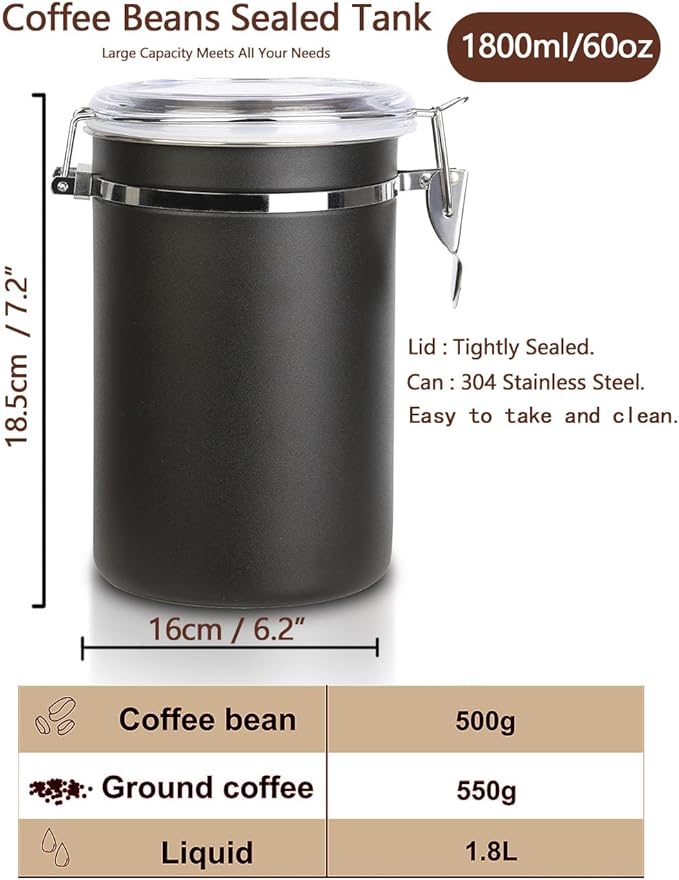Stainless Steel Food Container with Clear Lids Airtight Container Stackable Small Canisters Kitchen Pantry Storage for Cereal, Snacks, Candy, Herbs, Spices, Sugar, Tea (1.8L Dark Black-2)