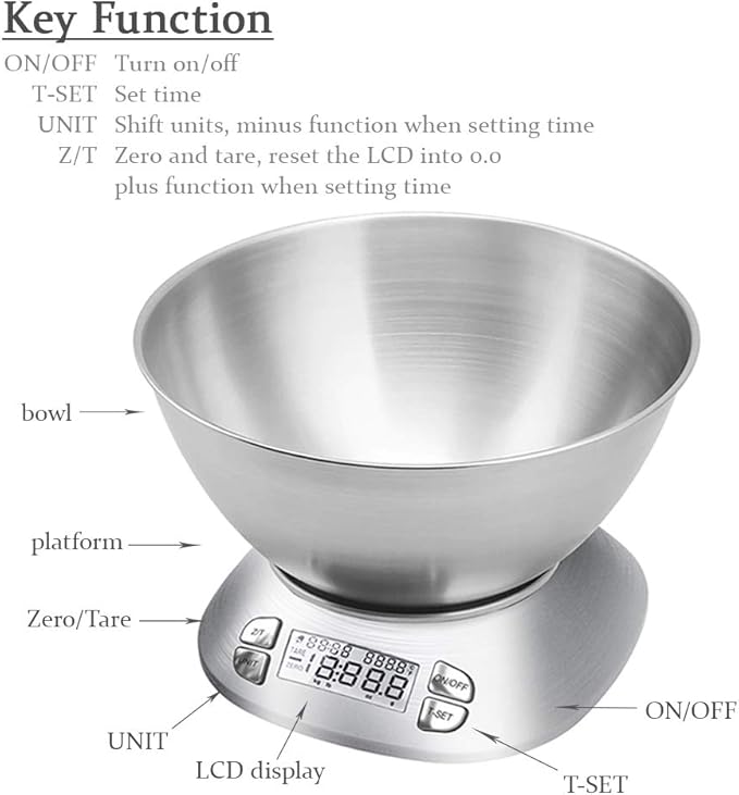 Digital Kitchen Scale with Removable Bowl 2.5L Volume, Electronic Stainless Steel Food Scale for Cooking Baking, Room Temperature, Alarm Timer, 12lb 5.5kg, Batteries Included