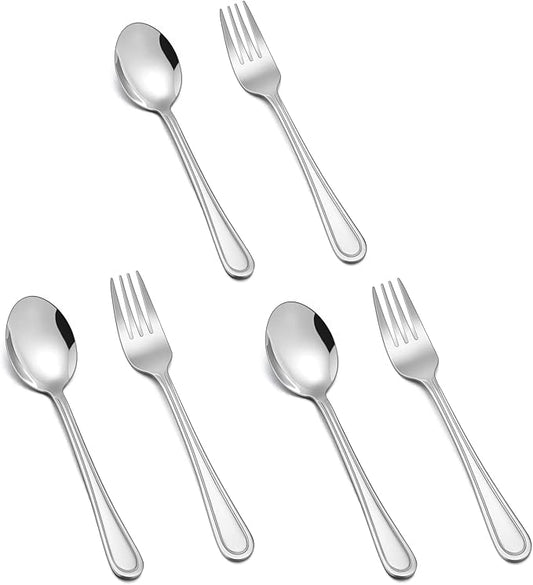 TeamFar Toddler Utensils, Stainless Steel Toddler Silverware Small Kid Cutlery Set for Self-Feeding, with Line Patterned Edge, Healthy & Non Toxic, Mirror Surface & Dishwasher Safe–3 Forks + 3 Spoons