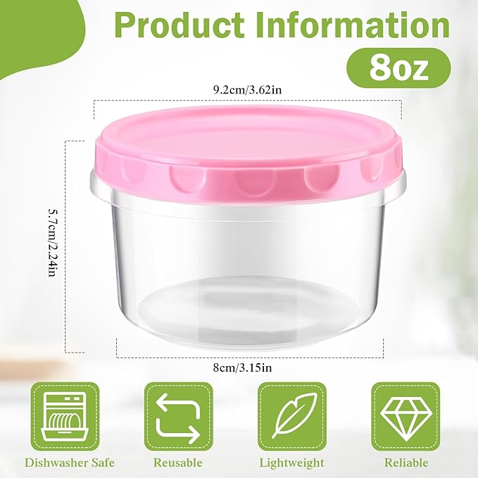 Sieral 36 Pack 8 oz/ 250 ml Freezer Containers with Lids Plastic Twist Top Deli Jars Reusable Freezer Storage Containers for Food Round Wide Mouth Lunch Snacks (Pink)