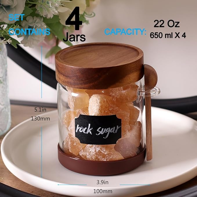 SAIOOL High Bprosilicate Glass 4 Pack Spice Jars with Label and Spoons,Overnight Oats Containers with Acacia Airtight Lids,Glass Food Storage Jars, Coffee Bar (Acacia 22 OZ*4)