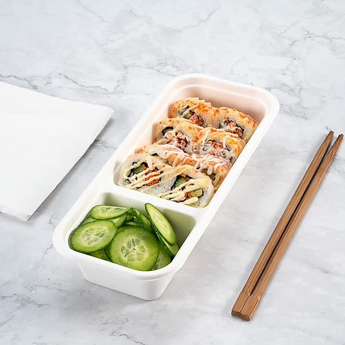 Restaurantware Pulp Tek 9.2 x 3.8 x 1.8 Inch Takeaway Food Boxes 100 Microwavable Take Out Containers - Lids Sold Separately Freezable White Bagasse Catering Food Containers 2 Compartments
