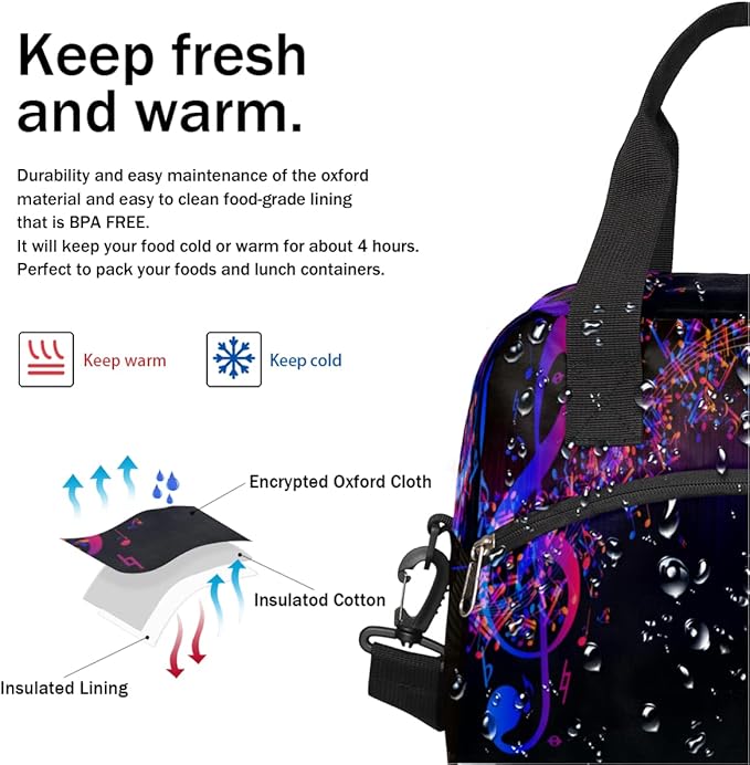 Insulated Lunch Bag for Women Men Abstract Music Note Leakproof Cooler Tote Bag Large Reusable Adult Lunch Box with Adjustable Shoulder Strap for Office Work Picnic Travel Beach