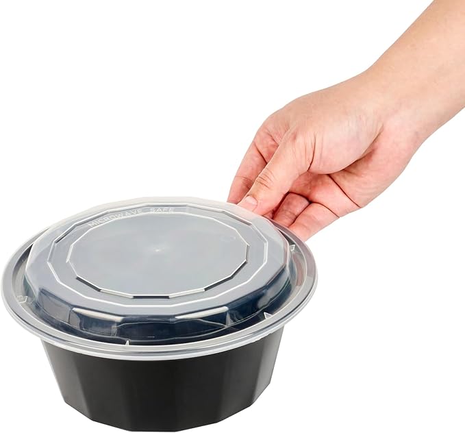 Restaurantware Asporto 32 Ounce To Go Boxes 100 Microwavable Take Out Food Containers - Clear Plastic Lids Included Do Not Contain BPA Black Plastic Catering Food Containers Disposable Round