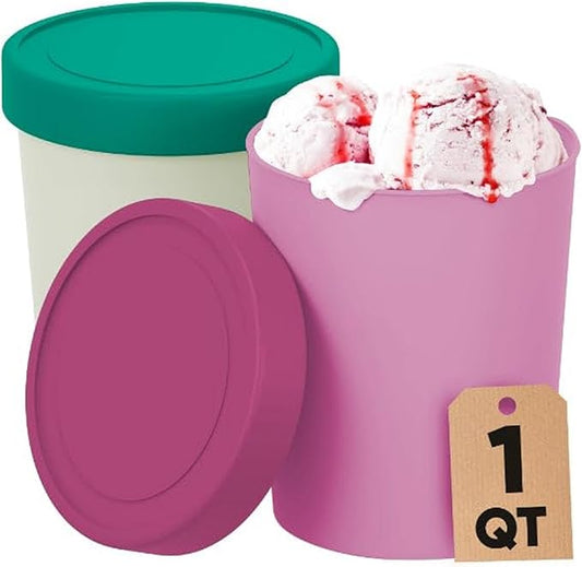 Starpack 'Freeze the Day' Ice Cream Storage Container for Freezer (2 Pcs) - 1 Quart Ice Cream Containers for Homemade Dessert - Reusable Frozen Treat Containers with Lids - Leak-Free Lids (Silicone)
