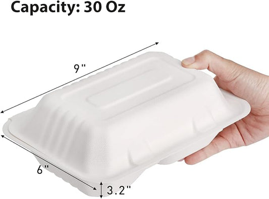 Elsjoy 90 Pack 9"x 6" Clamshell Take Out Containers, 2 Compartment Compostable Hinged Food Containers Disposable To Go Boxes, Sugar Cane Takeaway Boxes for Restaurant, Party, Microwave Safe