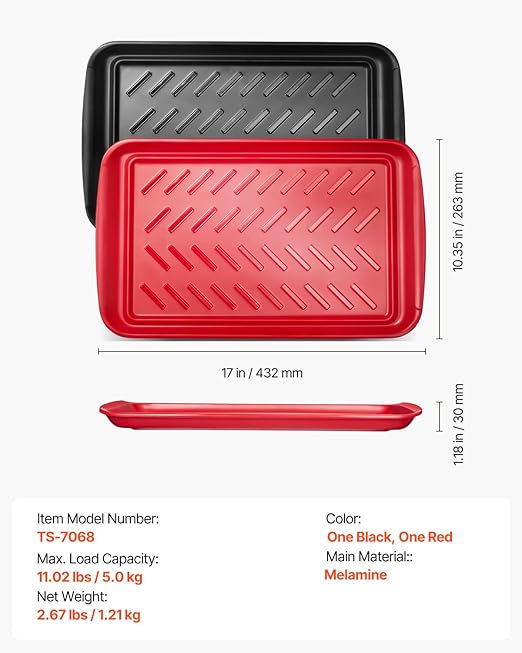 VEVOR Plastic Serving Trays, 2-Pack Grilling Prep and Serve Trays with Handles, 17x10.35 Inch Anti-Slip Melamine Food Tray, Ideal for BBQ, Kitchen, Cafeteria, Ottoman, Coffee Table, Black and Red