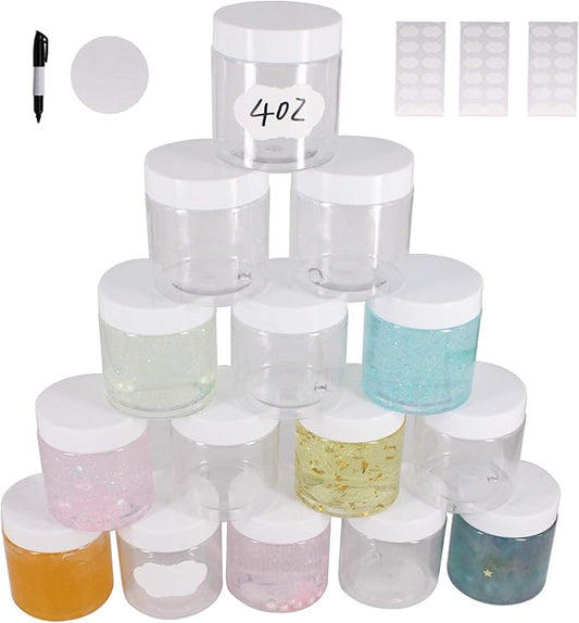 28 Pack 4 oz (120 ml) Plastic Jars with White Lids, Plastic Slime Jar/Containers with Lids, Storage Favor Jars/Empty Plastic Jars for Body Butter, Cosmetics, Scrub (Clear)