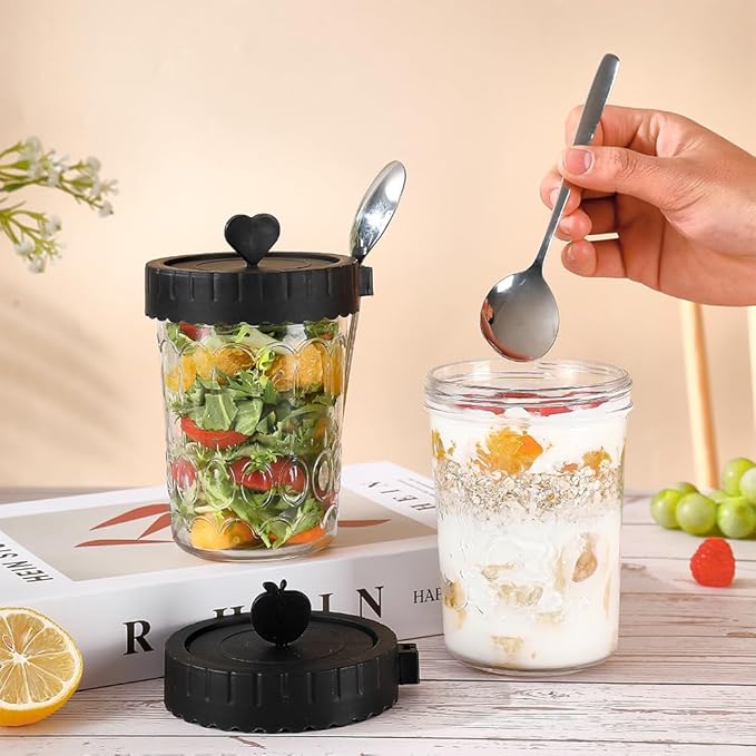 Glass food Jars with Lids and Spoons, 4 Pack Overnight Oat Jars with Airtight Lid, 100% Leak Proof yogurt Containers, Glass jars for BreakfastyogurtCerealSnackSoupParfait - Black