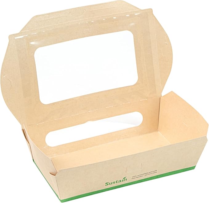 Restaurantware-Sustain 35 Ounce Sturdy Paper Take Out Boxes, 50 Disposable Take Out Food Containers - With PLA lining, Two Clear PLA Windows, Bamboo Paper Containers, Compostable, Tab-Lock Design